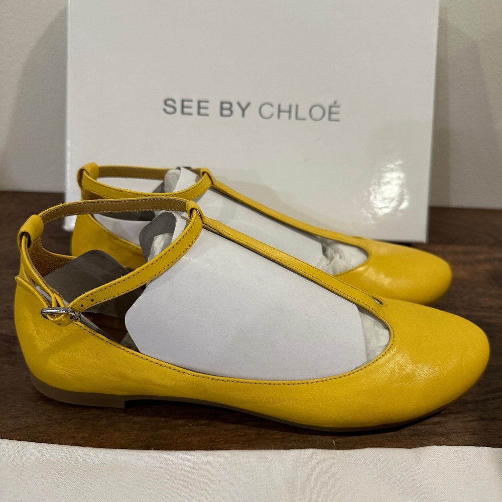 See by Chloe yellow leather t-strap ballerina flats - Size 37.5